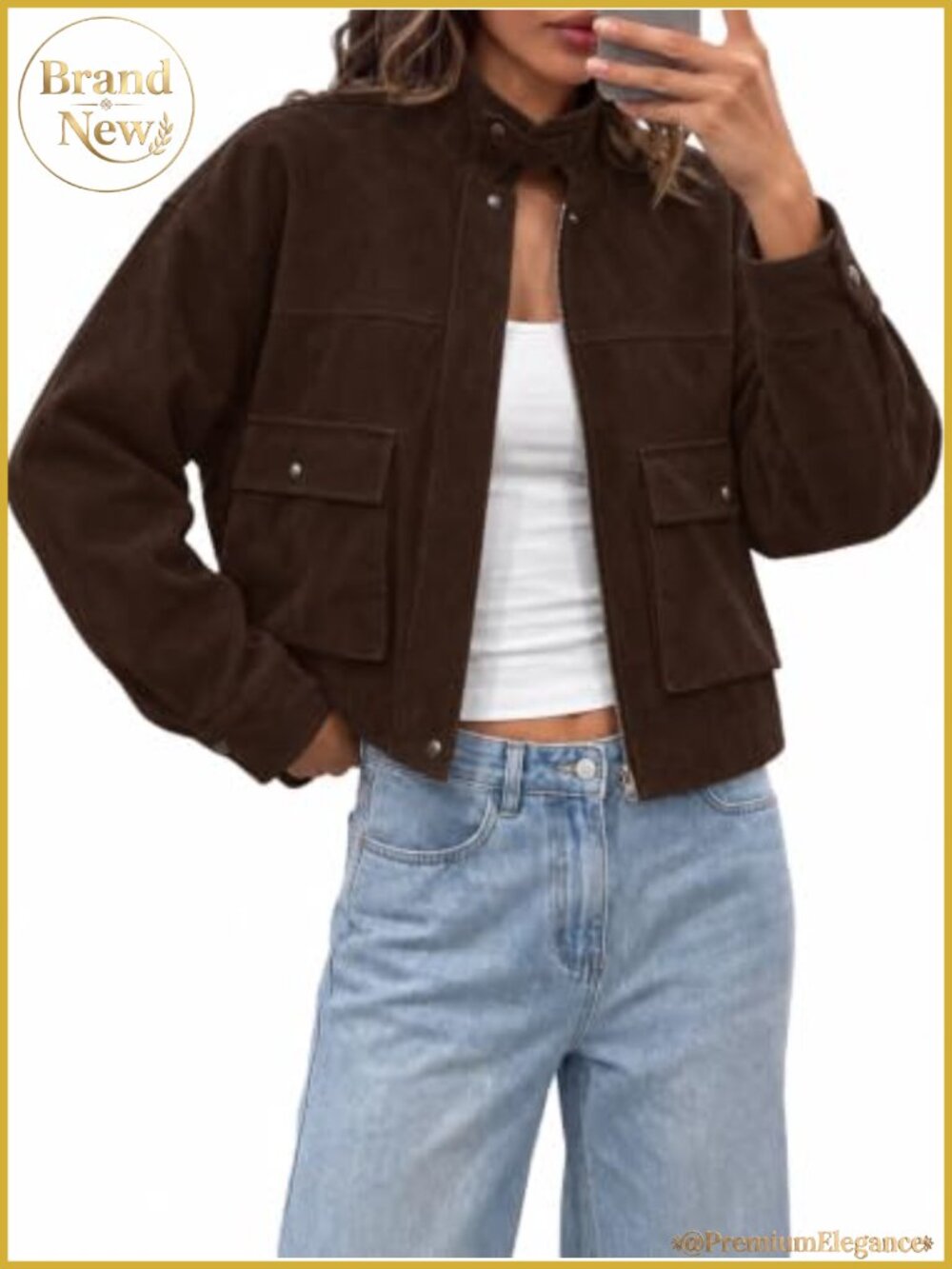 Faux Suede Bomber Jacket Cropped Utility Coat with Button Zip Closure